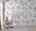 Line Art Animals Wallpaper : Pastel Elephants and Whales Kids Pattern