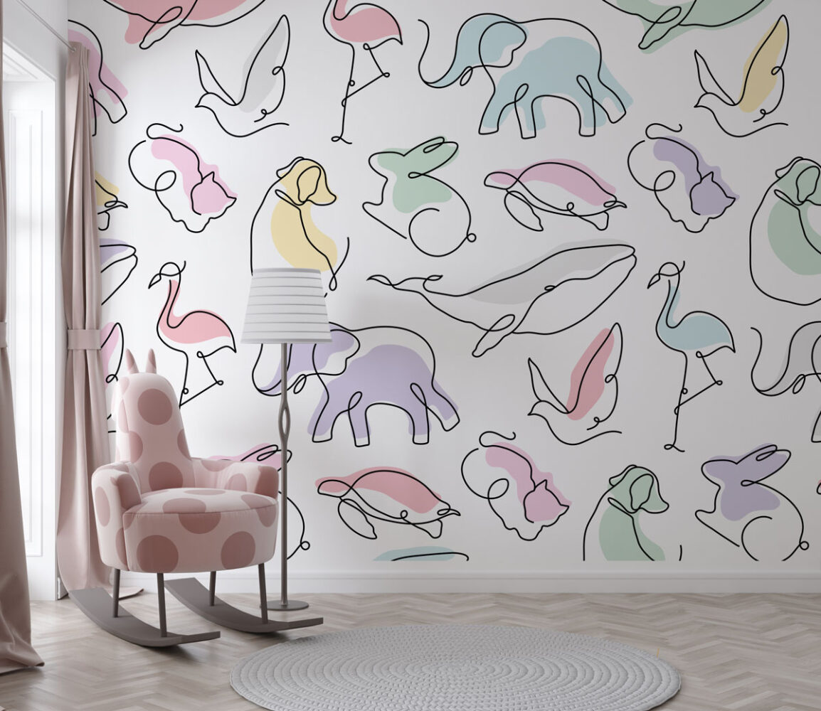 Line Art Animals Wallpaper : Pastel Elephants and Whales Kids Pattern
