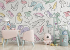 Line Art Animals Wallpaper : Pastel Elephants and Whales Kids Pattern - View 2