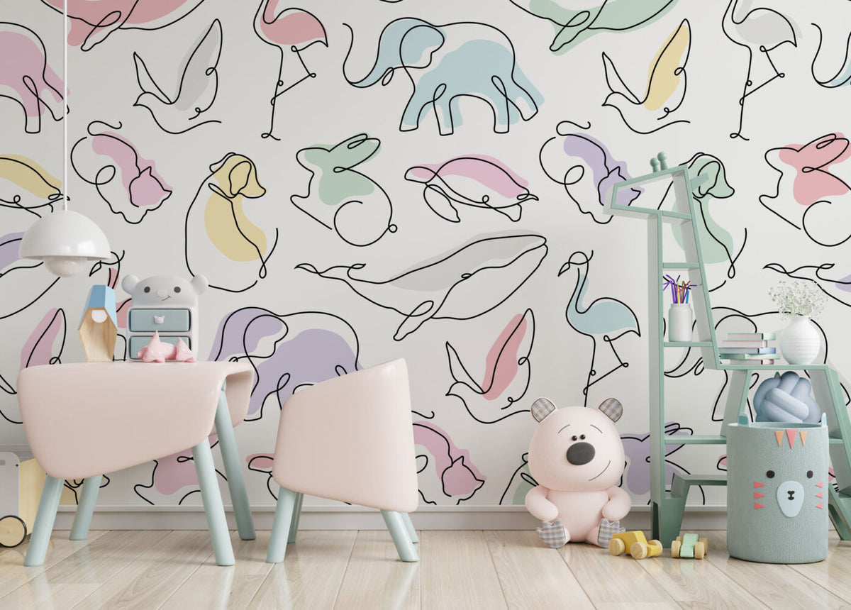 Line Art Animals Wallpaper : Pastel Elephants and Whales Kids Pattern - View 2