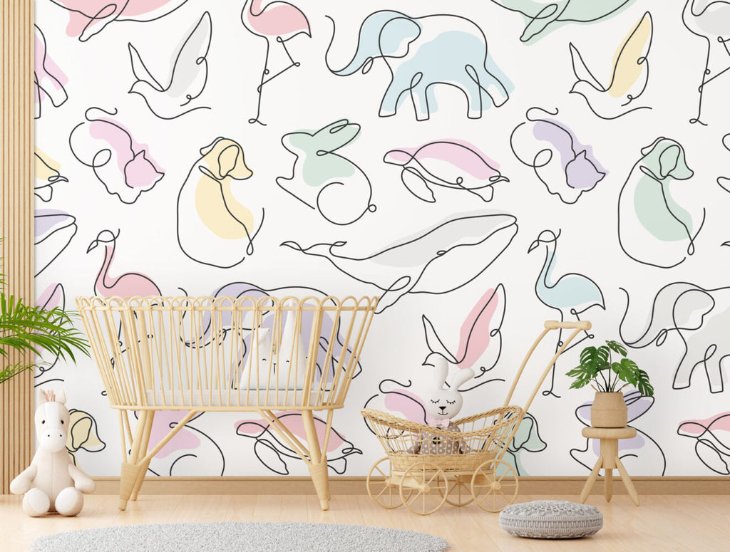 Line Art Animals Wallpaper : Pastel Elephants and Whales Kids Pattern - View 3
