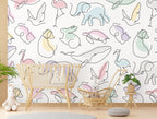 Line Art Animals Wallpaper : Pastel Elephants and Whales Kids Pattern - View 3