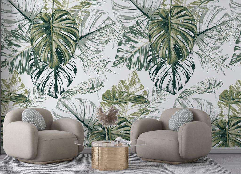 Green Monstera Sketch Wallpaper : Tropical Leaves Pattern - View 2