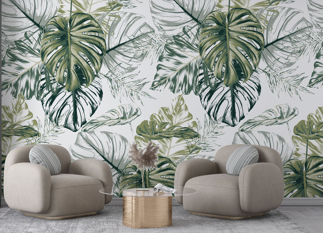 Green Monstera Sketch Wallpaper : Tropical Leaves Pattern - View 2