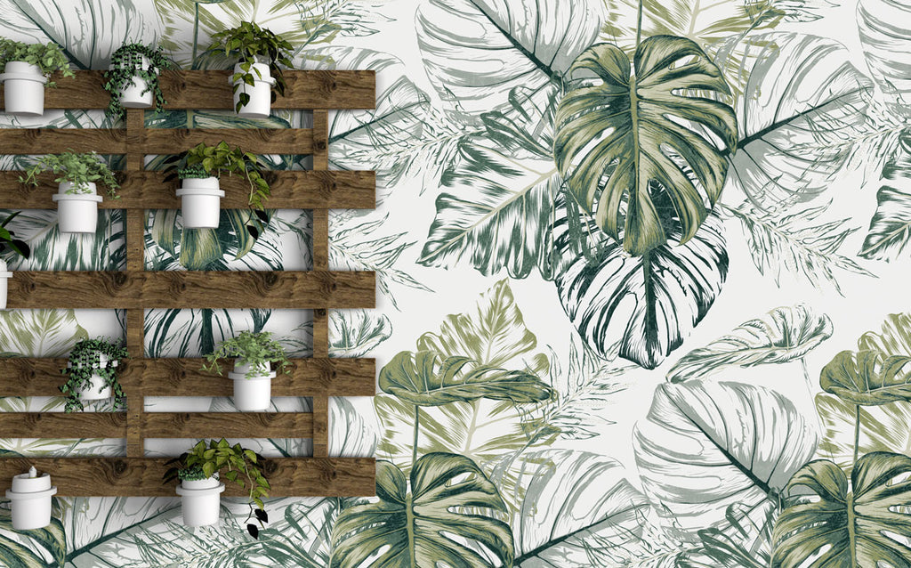 Green Monstera Sketch Wallpaper : Tropical Leaves Pattern