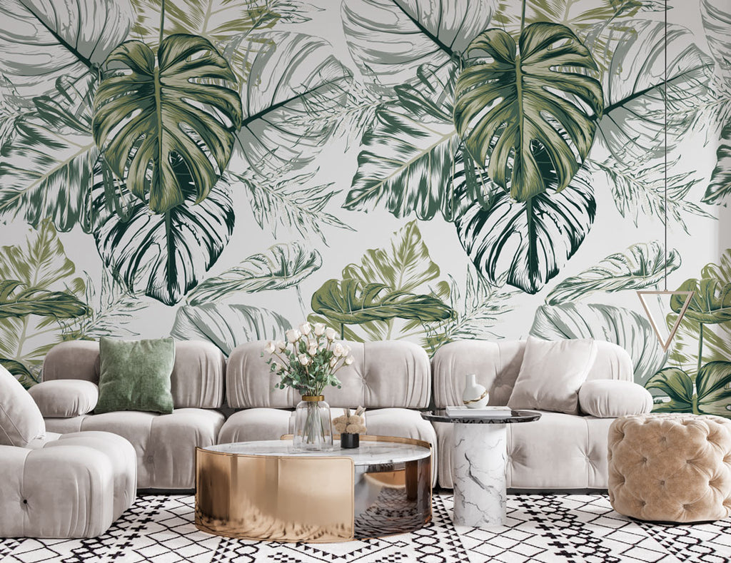 Green Monstera Sketch Wallpaper : Tropical Leaves Pattern - View 3