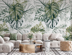 Green Monstera Sketch Wallpaper : Tropical Leaves Pattern - View 3