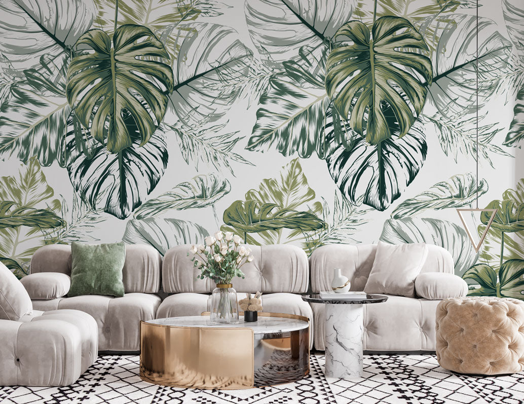 Green Monstera Sketch Wallpaper : Tropical Leaves Pattern - View 3