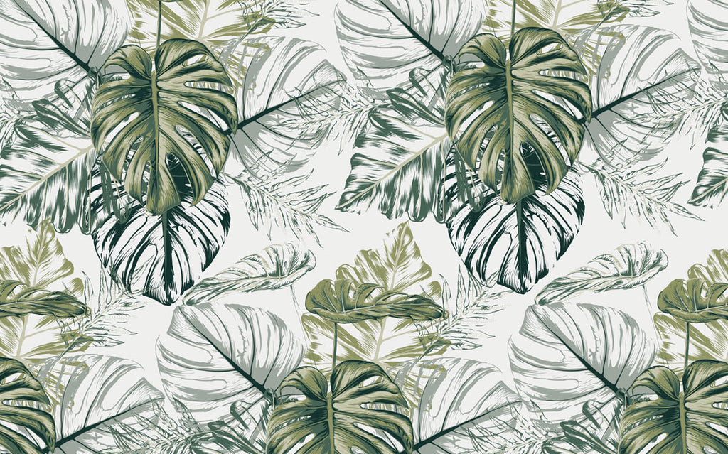 Green Monstera Sketch Wallpaper : Tropical Leaves Pattern - flat design
