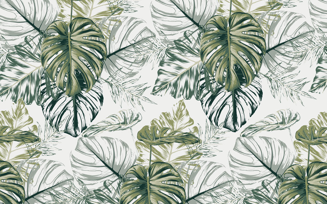 Green Monstera Sketch Wallpaper : Tropical Leaves Pattern - flat design