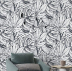 Black and White Tropical Wallpaper : Ink Sketch Leaves Pattern - View 2
