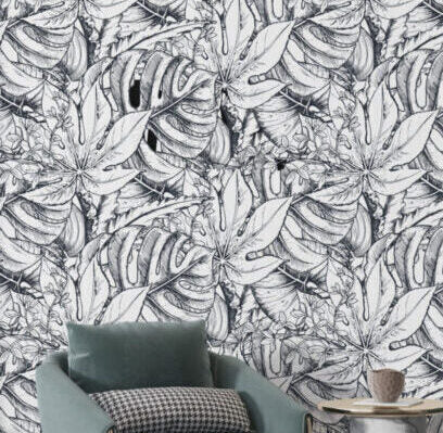 Black and White Tropical Wallpaper : Ink Sketch Leaves Pattern - View 2