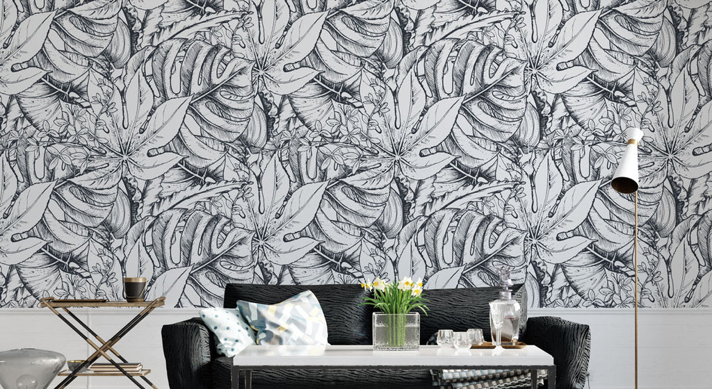 Black and White Tropical Wallpaper : Ink Sketch Leaves Pattern - View 3