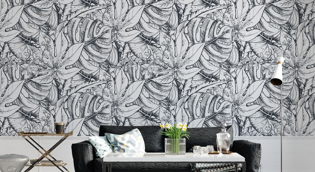 Black and White Tropical Wallpaper : Ink Sketch Leaves Pattern - View 3