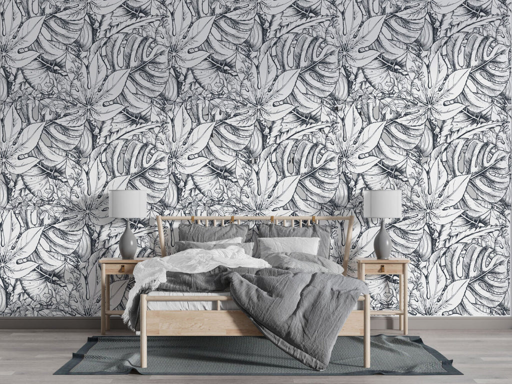 Black and White Tropical Wallpaper : Ink Sketch Leaves Pattern - View 4