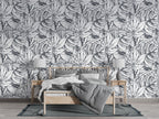 Black and White Tropical Wallpaper : Ink Sketch Leaves Pattern - View 4