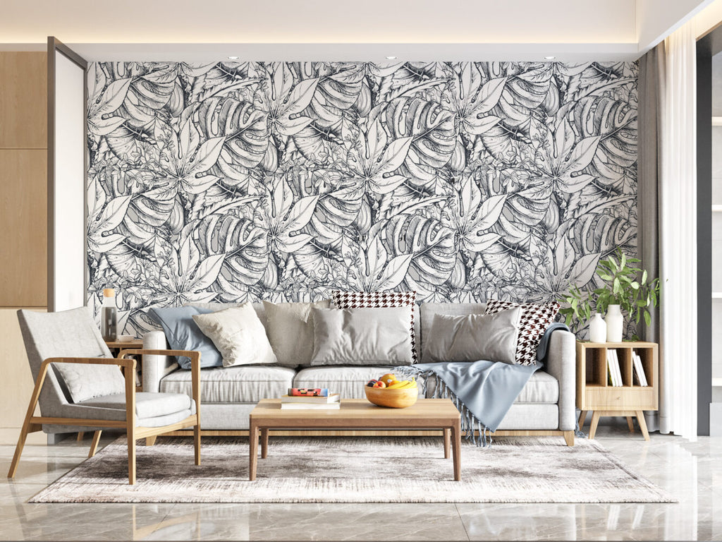 Black and White Tropical Wallpaper : Ink Sketch Leaves Pattern