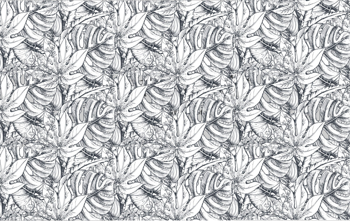 Black and White Tropical Wallpaper : Ink Sketch Leaves Pattern - flat design