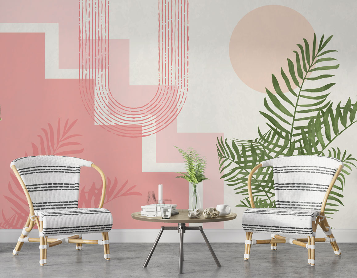 Blush Geometric Fern Wallpaper : Pink Arches and Palm Mural