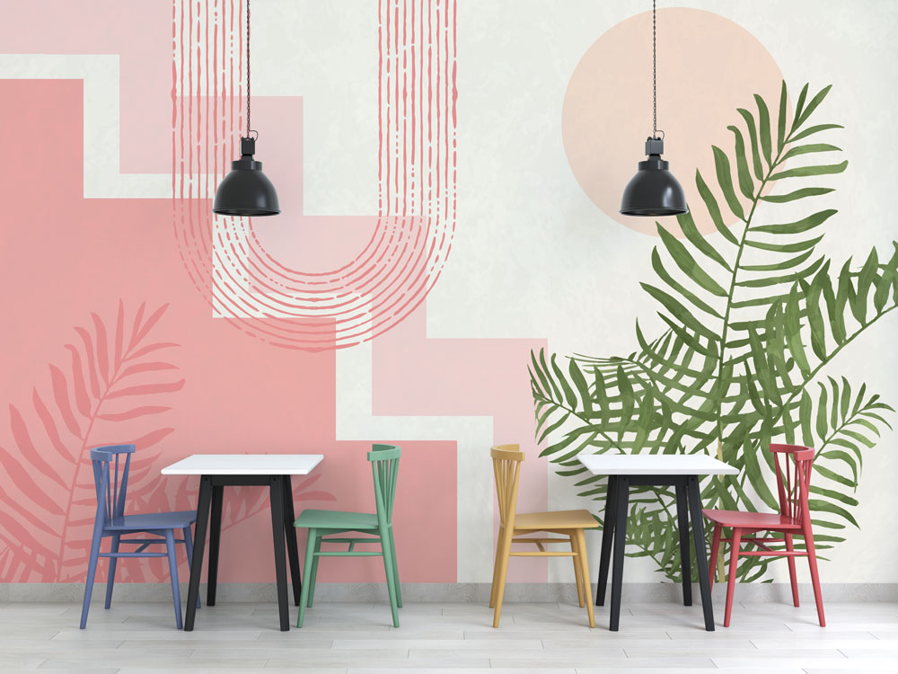 Blush Geometric Fern Wallpaper : Pink Arches and Palm Mural - View 2