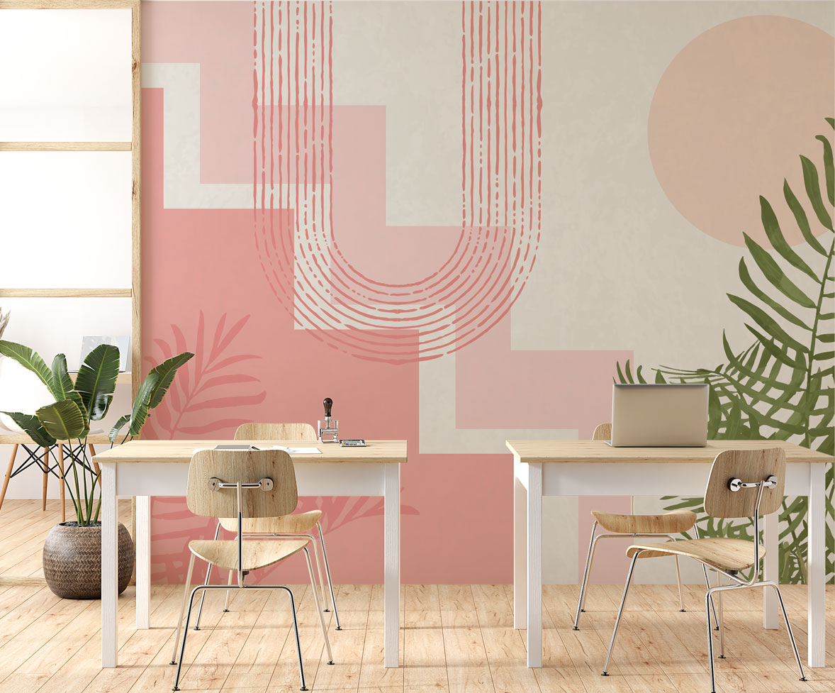 Blush Geometric Fern Wallpaper : Pink Arches and Palm Mural - View 3