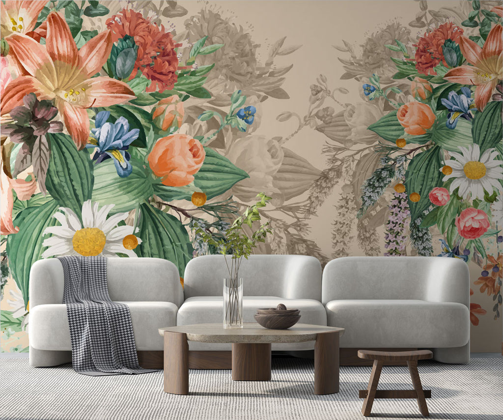 Hanging Floral Bouquet Wallpaper : Vintage Garden Flowers Mural - View 3