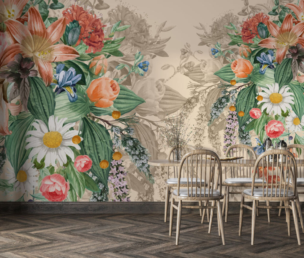 Hanging Floral Bouquet Wallpaper : Vintage Garden Flowers Mural - View 2