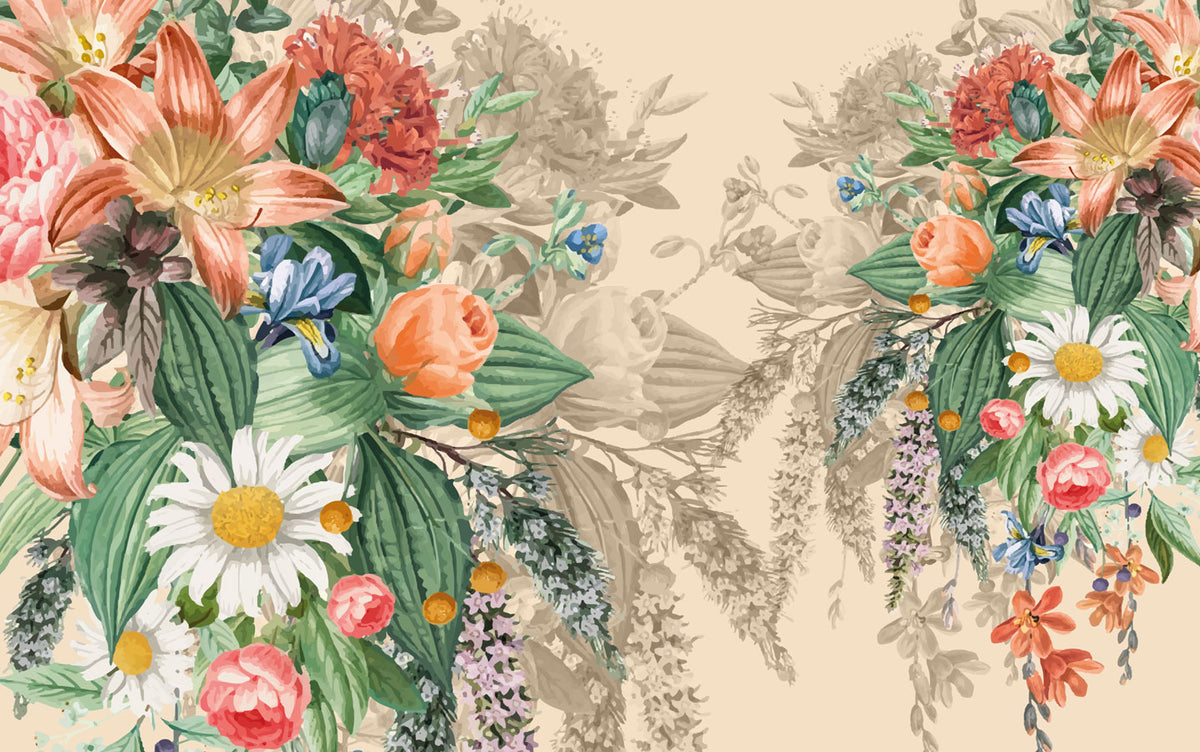 Hanging Floral Bouquet Wallpaper : Vintage Garden Flowers Mural - flat design