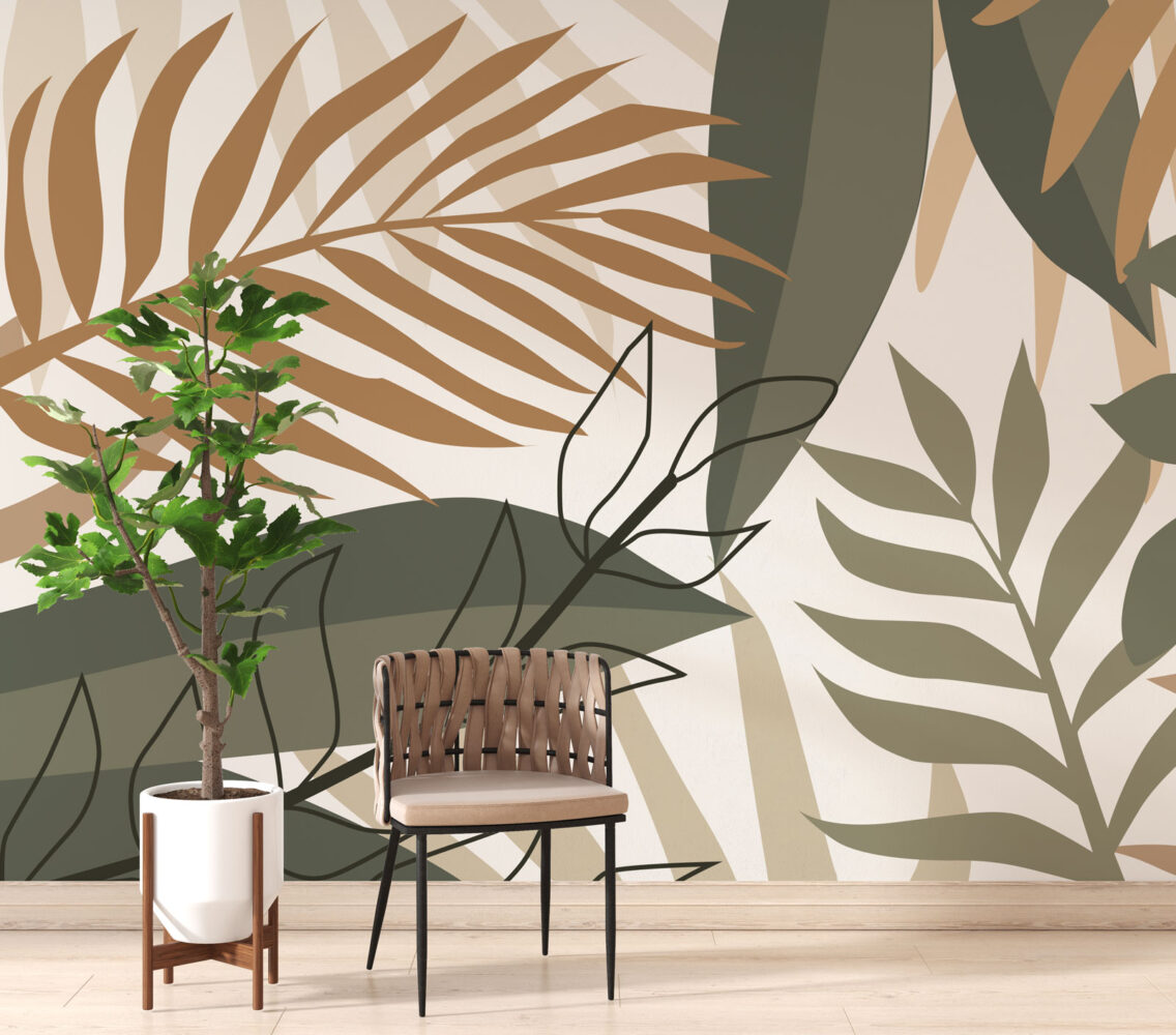 Boho Tropical Leaves Wallpaper : Olive and Tan Palm Mural