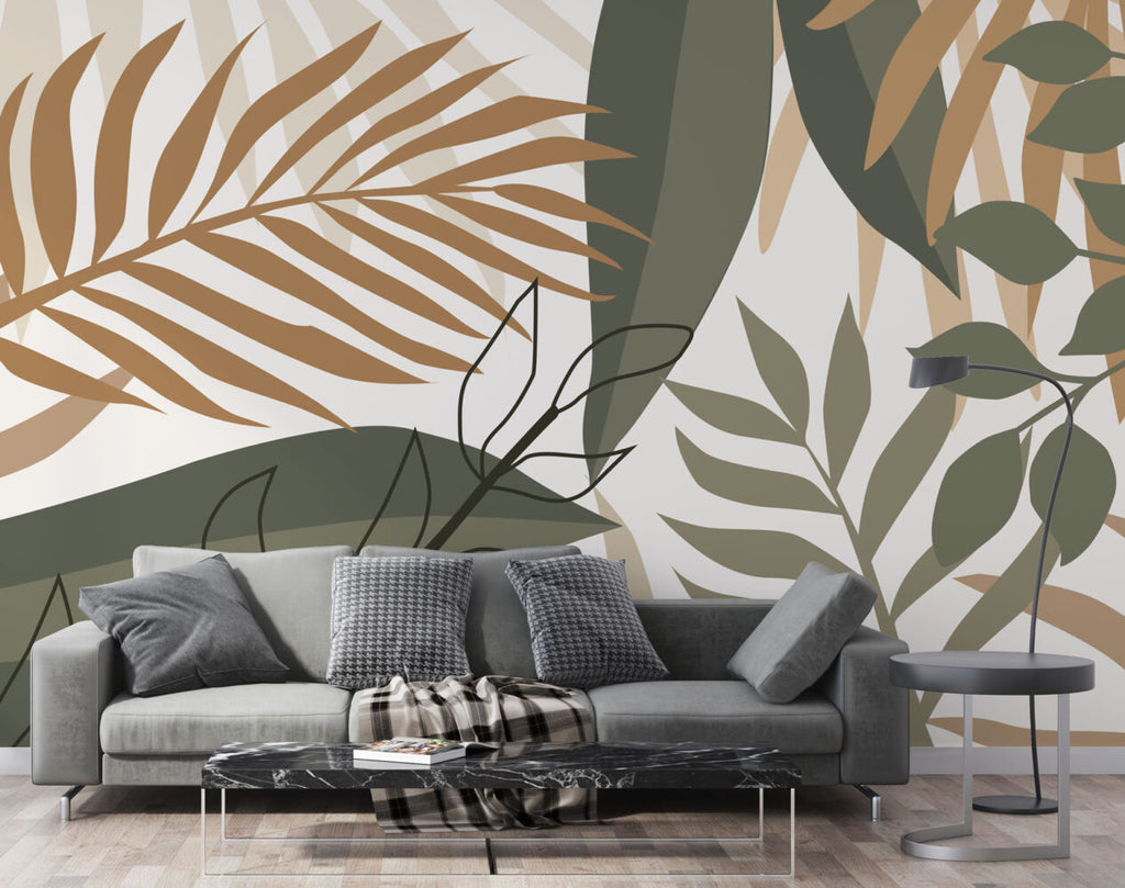 Boho Tropical Leaves Wallpaper : Olive and Tan Palm Mural - View 2