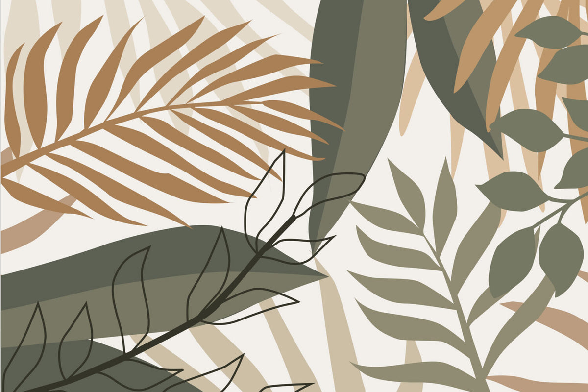 Boho Tropical Leaves Wallpaper : Olive and Tan Palm Mural - flat design