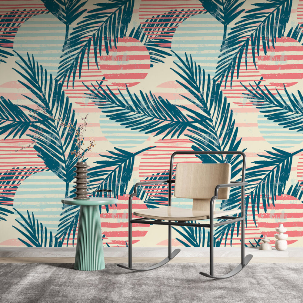 Teal Palm Stripe Wallpaper : Coral Lines Tropical Pattern