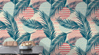 Teal Palm Stripe Wallpaper : Coral Lines Tropical Pattern - View 2