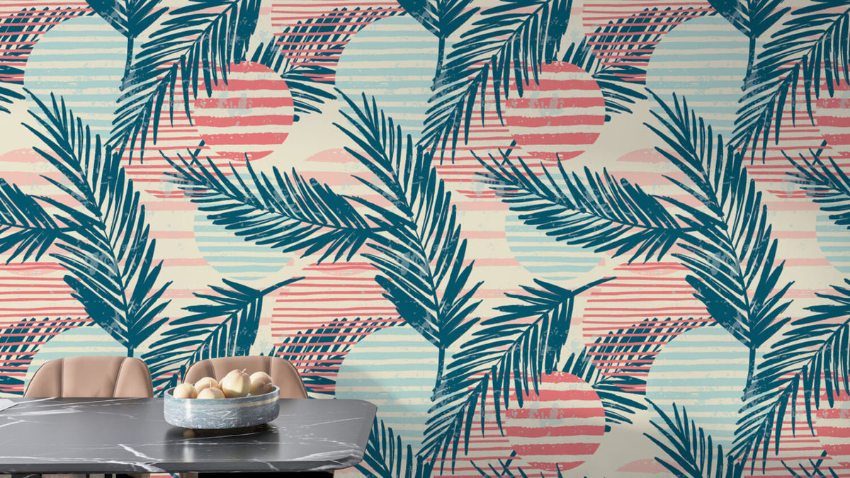 Teal Palm Stripe Wallpaper : Coral Lines Tropical Pattern - View 2