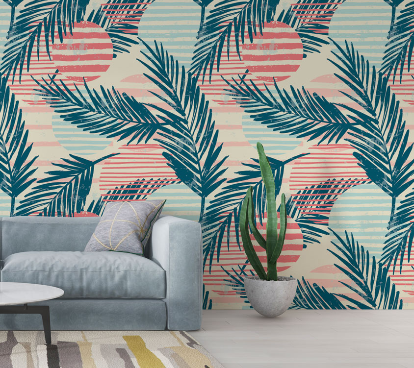 Teal Palm Stripe Wallpaper : Coral Lines Tropical Pattern - View 3