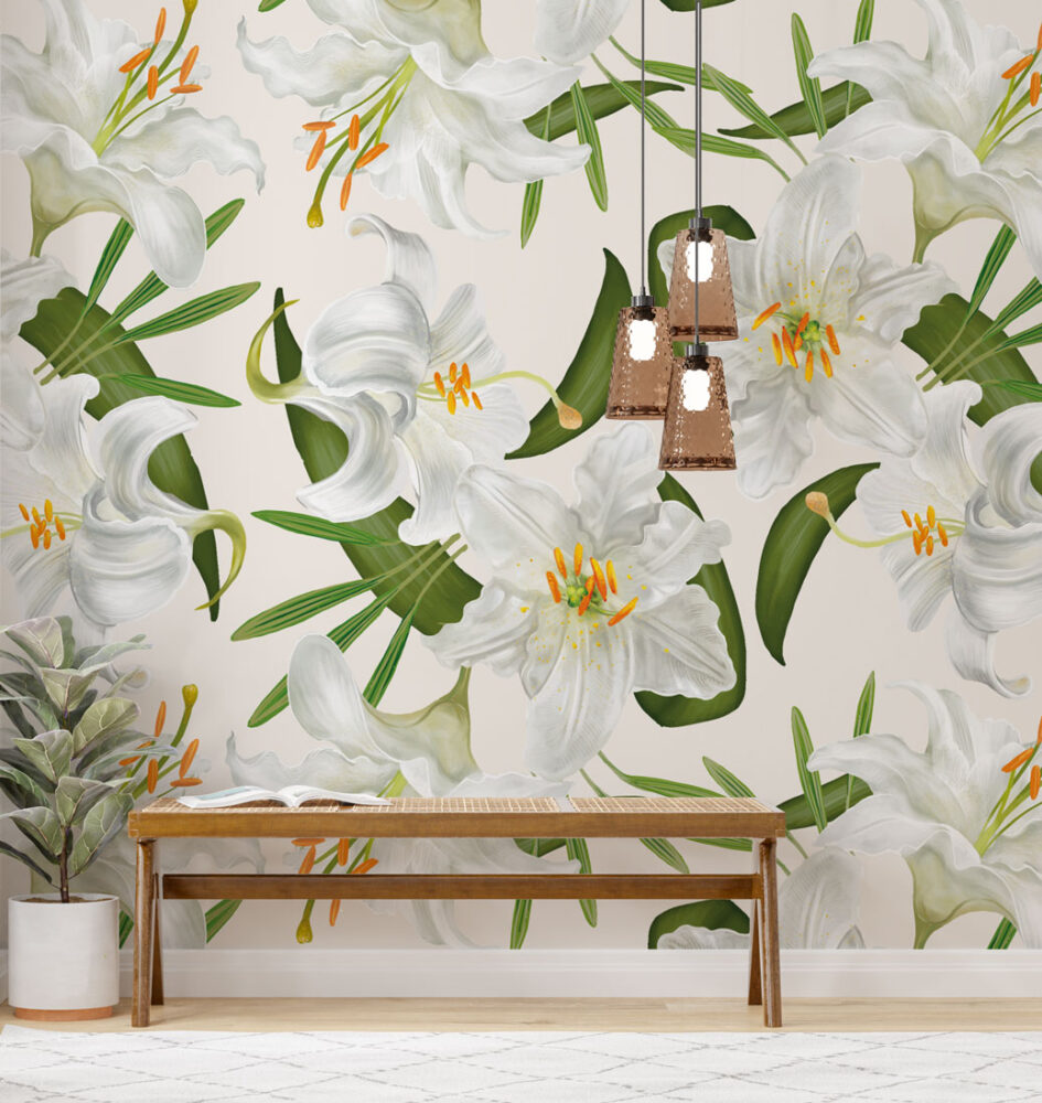 White Lily Wallpaper : Large Botanical Bloom Mural - View 2