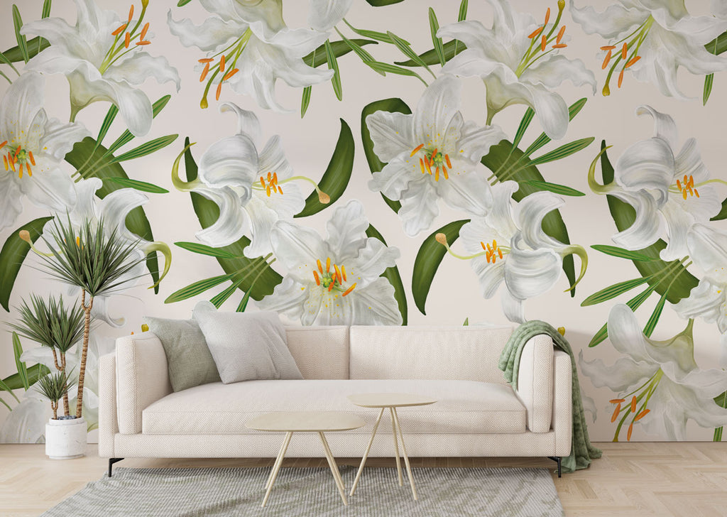 White Lily Wallpaper : Large Botanical Bloom Mural - View 3