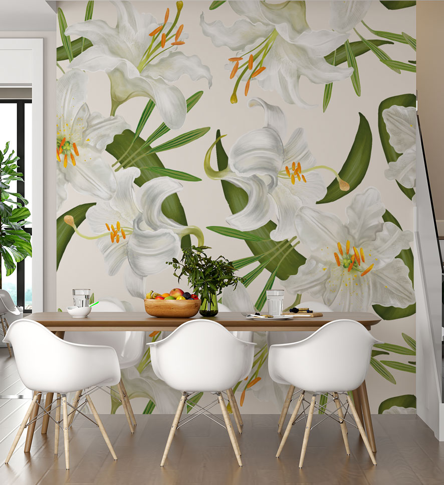 White Lily Wallpaper : Large Botanical Bloom Mural