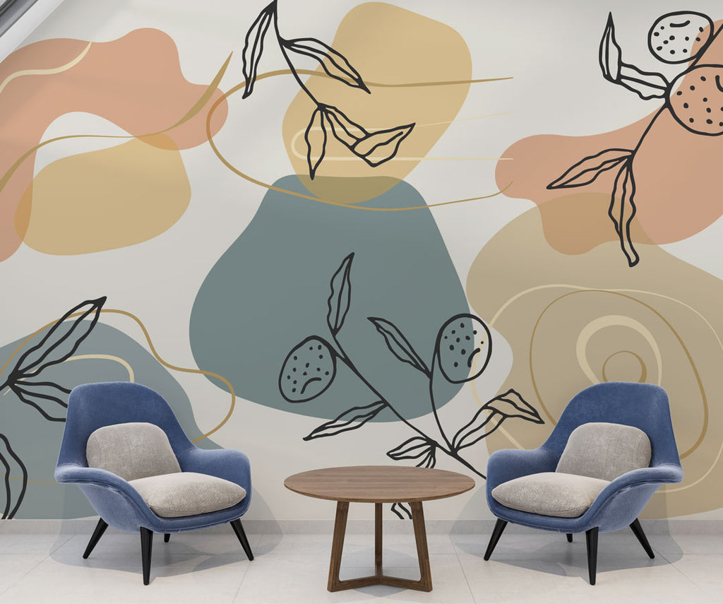 Slate Abstract Botanical Wallpaper : Line Leaves and Shapes Mural - View 2