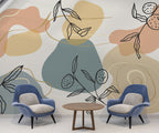 Slate Abstract Botanical Wallpaper : Line Leaves and Shapes Mural - View 2