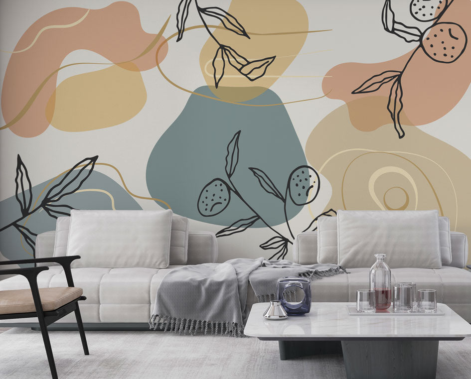 Slate Abstract Botanical Wallpaper : Line Leaves and Shapes Mural