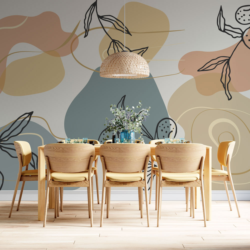 Slate Abstract Botanical Wallpaper : Line Leaves and Shapes Mural - View 3