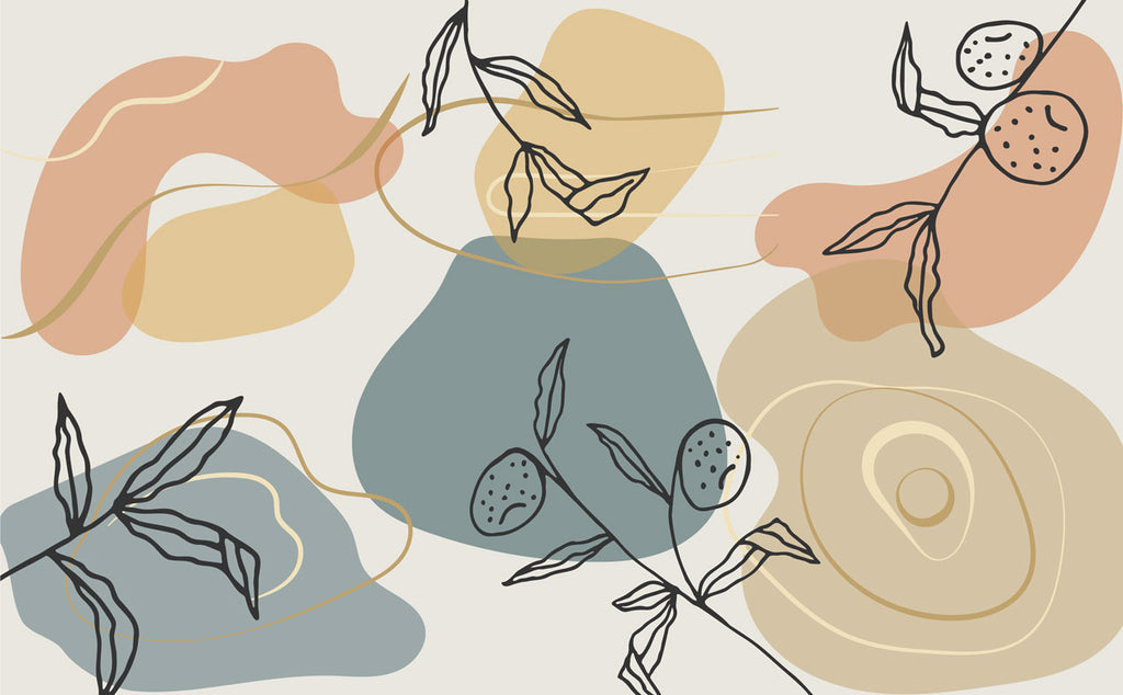 Slate Abstract Botanical Wallpaper : Line Leaves and Shapes Mural - flat design
