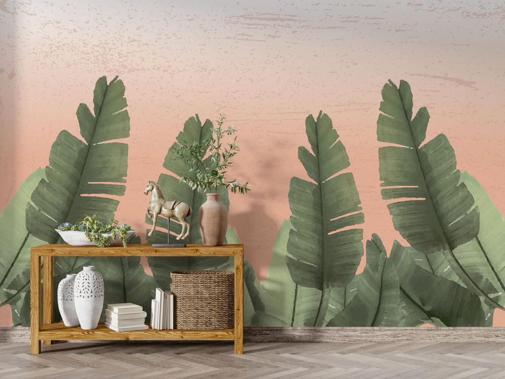 Banana Leaf Border Wallpaper : Peach Gradient Tropical Mural - View 2