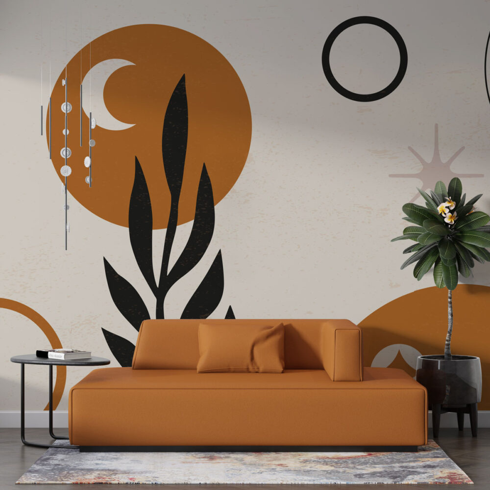 Boho Moon and Leaf Wallpaper : Rust Circles Geometric Mural
