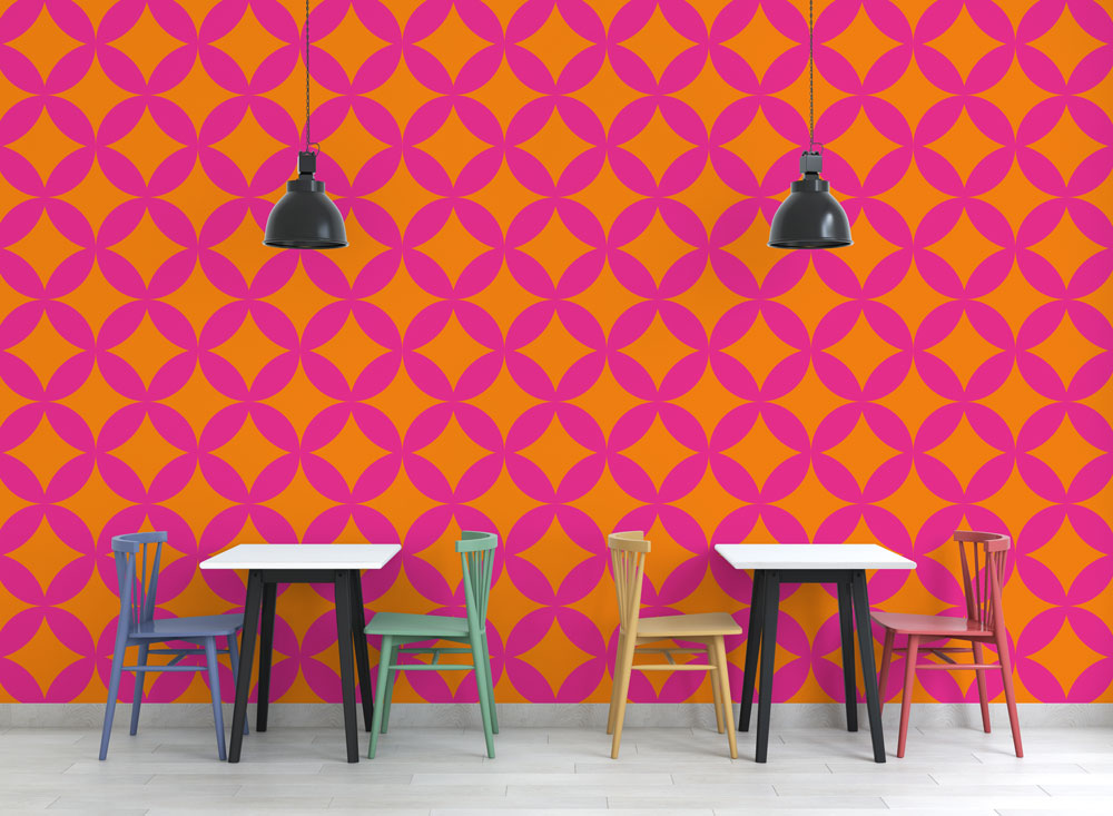 Pink and Orange Retro Wallpaper : Quatrefoil Geometric Pattern - View 2