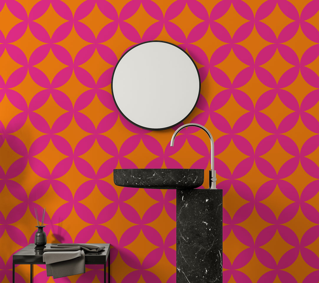Pink and Orange Retro Wallpaper : Quatrefoil Geometric Pattern - View 3