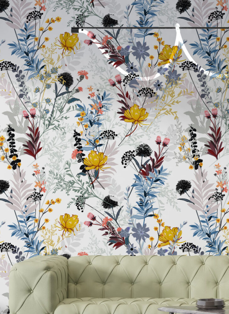Colourful Wildflower Wallpaper : Yellow and Blue Meadow Pattern - View 2
