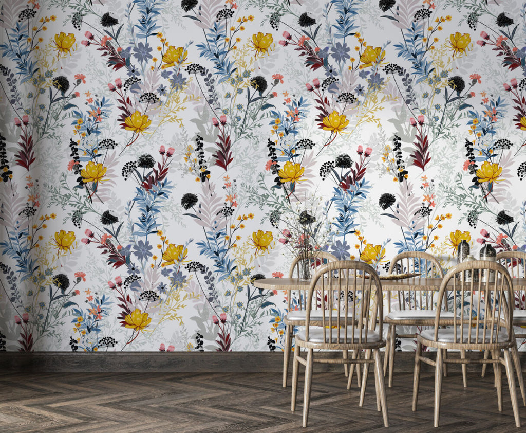 Colourful Wildflower Wallpaper : Yellow and Blue Meadow Pattern - View 3