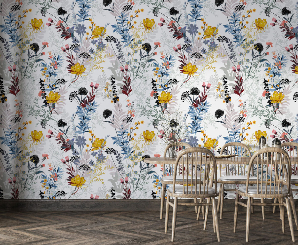 Colourful Wildflower Wallpaper : Yellow and Blue Meadow Pattern - View 3